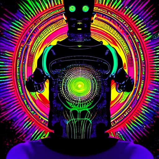 Image similar to photo of a black tshirt with a hyperdetailed portrait of a futuristic trippy atompunk meditating robot, 8 k, symetrical, flourescent colors, halluzinogenic, multicolored tshirt art,