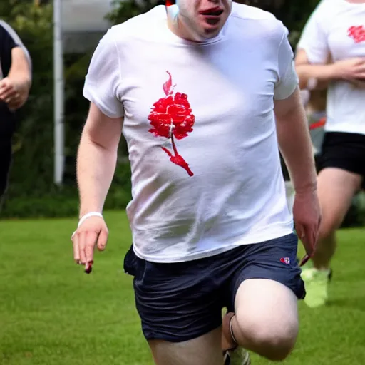 Prompt: Photo of Boris Johnson running, wearing a white t shirt and red shorts with a design of white flowers on them, sweaty