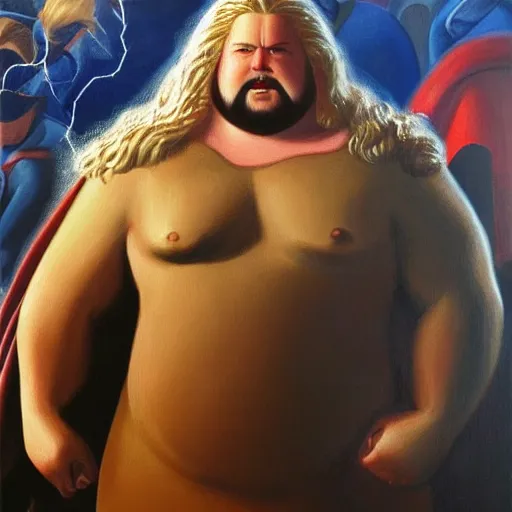 Image similar to Fernando Botero painting of Thor from MCU, high definition art, extremely detailed