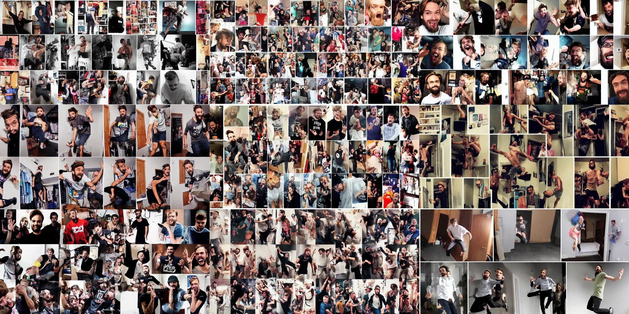 Prompt: a collage of PewDiePie jumping out of the small closet