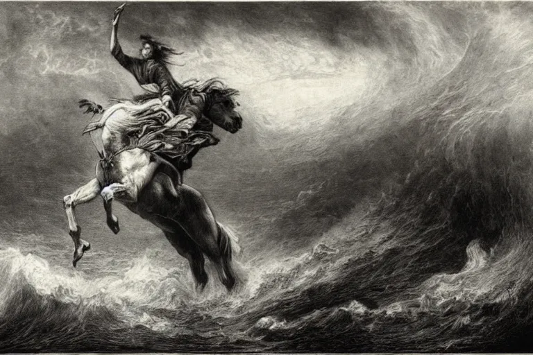 Image similar to A huge horse rides through epic Hurricane, Gustave Dore lithography