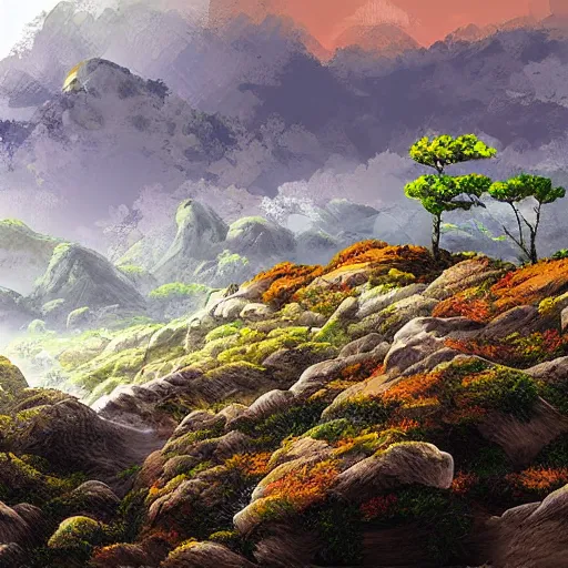 Image similar to grand landscape of rocky hills, art by kotaro chiba, digital art