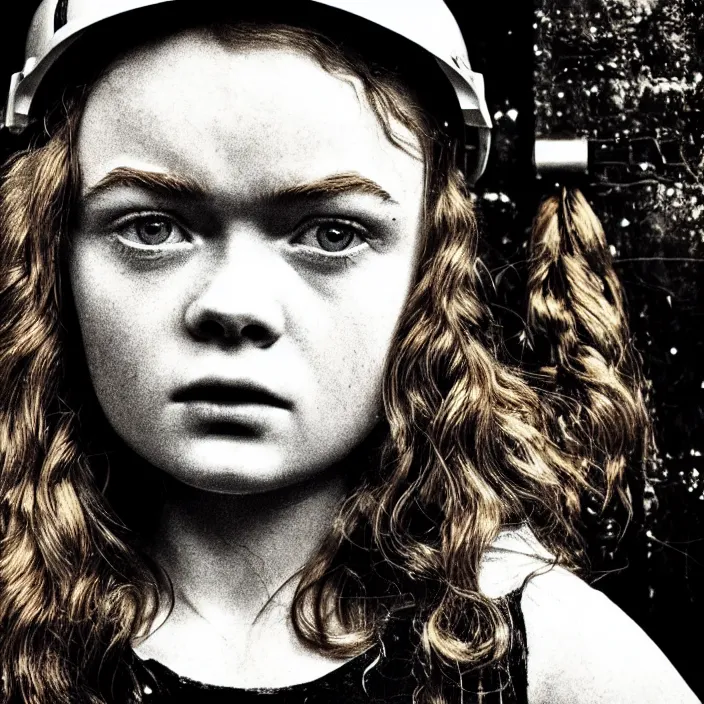 Image similar to extreme close - up on sadie sink as a miner : eating. background : black tiles on walls. black and white, pencil and ink. by gabriel hardman, joe alves, chris bonura. cinematic atmosphere, detailed and intricate, perfect anatomy