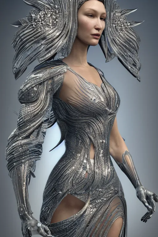 Prompt: a highly detailed portrait of a beautiful alien goddess bella hadid in iris van herpen dress in diamonds in style of alphonse mucha trending on artstation made in unreal engine 4