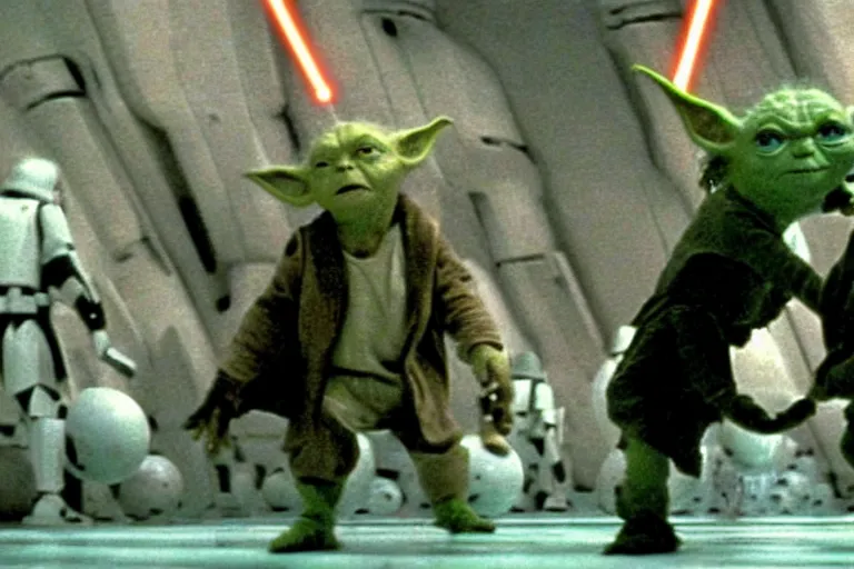 Prompt: A movie shot from Star Wars The Empire Strikes Back on Yoda's planet, The Dude from The Big Lebowski using the force on 9 bowling balls making them levitate around him