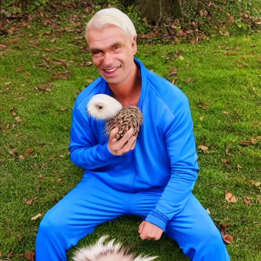 Prompt: Middle aged blond Slavic man, shirtless, wearing bright blue tracksuit pants, holding a hedgehog