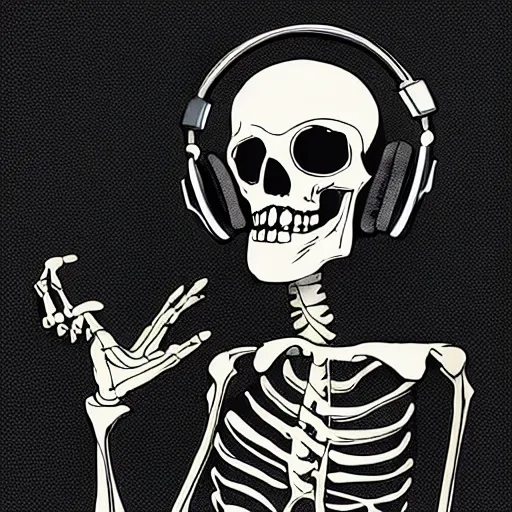 Prompt: skeleton with headphones playing a synthesizer, artstation, illustration, lights,