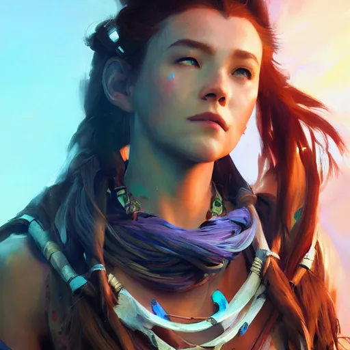 Prompt: Aloy Horizon Zero Dawn, digital painting by Yanjun Cheng, portrait , cinematic lighting, highly detailed, concept art, Atmosphere, illustration, smooth, sharp focus, editor's pickup, trending on artstation, trending on deviantart