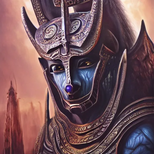 Image similar to Anubis, elden ring boss, matte painting, detailed, elden ring, oil on canvas