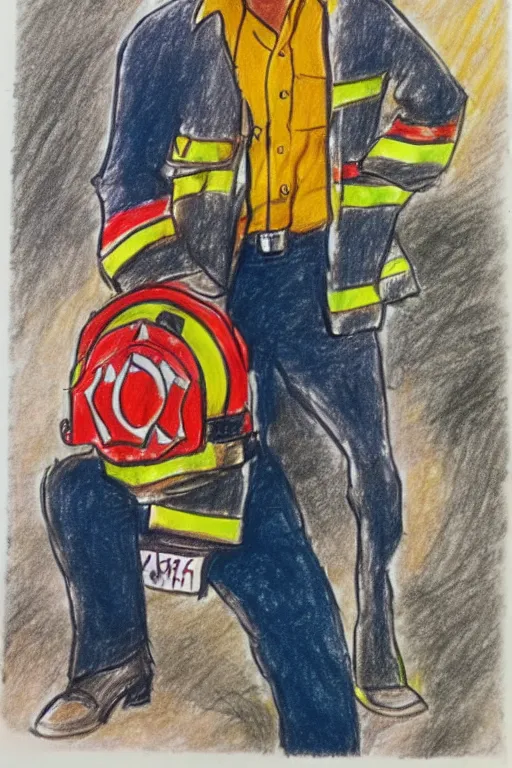 Image similar to a felt tip drawing of randy mantooth as a fire fighter by a child, bright colours, detailed