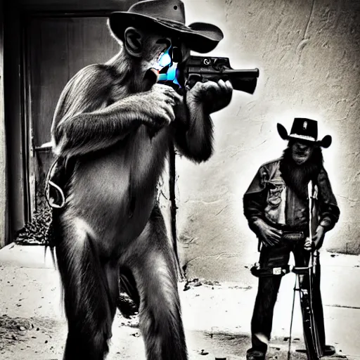 Image similar to realistic photo, a monkey holding a gun dressed as a cowboy, post apocalyptic city, award winning photograph, photograph 5 5 mm