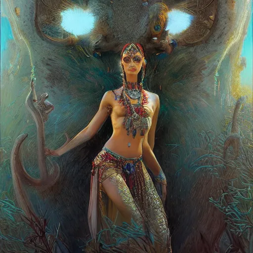 Image similar to cute female bellydancer deer, anthropomorphic, stuning 3 d render, masterpiece, glowing holy aura, by donato giancola and greg rutkowski and wayne barlow and zdzisław beksinski, realistic face
