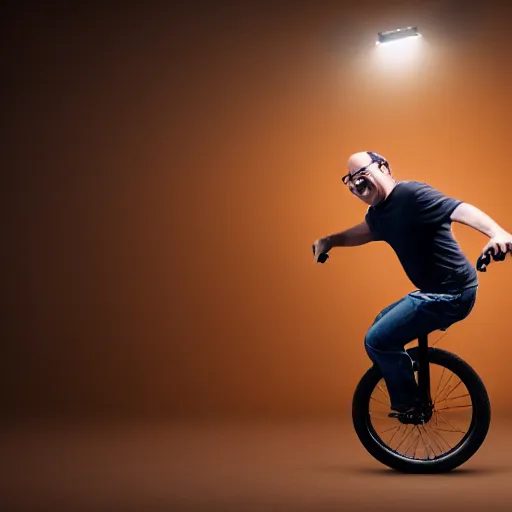 Prompt: george costanza riding a unicycle and juggling, joyful smile on face, spotlight lighting, professional photograph, 4 k