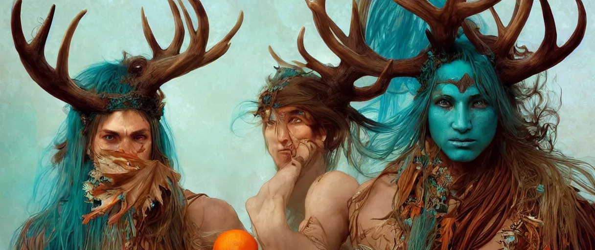 Image similar to beautiful digital painting of shaman with teal skin and antlers made of wood on his head, brown curly hair with orange oak leaves, D&D, fantasy, intricate, beautiful eyes, cinematic lighting, highly detailed, digital painting, Artstation, concept art, smooth, sharp focus, illustration, art by Artgerm and Greg Rutkowski, Alphonse Mucha and Rossdraws