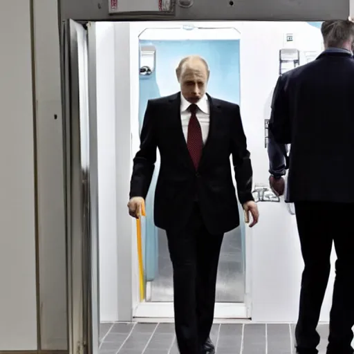 Prompt: wary Vladimir Putin leaving a public toilet with a suspicious suitcase