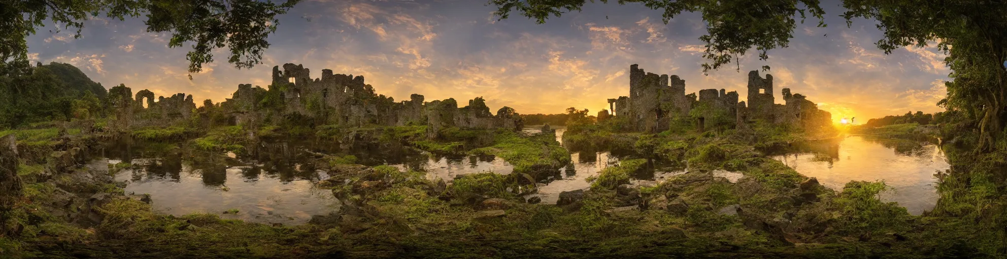 Prompt: panorama backlight of jungle bridge and gravyard castle ruins over lake cinemascope sunset extremely textured by frazetta