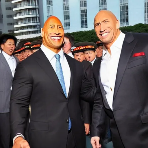 Image similar to dwayne the rock johnson and kim jong - un, selfie, phone photo,