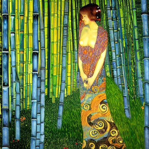 Prompt: fantasy art concept art beautiful lighting of a woman in a bamboo forest by klimt