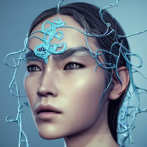 Image similar to intricate highly detailed face portrait of asian - european woman, light blue metal vines on her face, intricate, cgsociety, unreal engine, octane render, sharp focus, smooth, volumetric lighting, cinematic composition, artstation