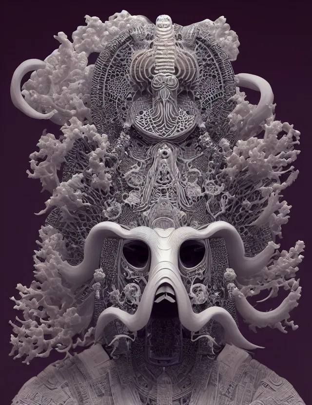 Image similar to 3 d goddess close - up profile portrait of cultist monk in hooded robe with ram skull. beautiful intricately detailed japanese crow kitsune mask and clasical japanese kimono. betta fish, jellyfish phoenix, bio luminescent, plasma, ice, water, wind, creature, artwork by tooth wu and wlop and beeple and greg rutkowski