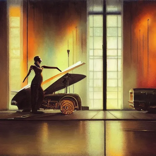 Image similar to recital, clockwork, moment, tectonic sky, skydome, bullet train, dystopian, tech noir, wet reflections, prism, atmospheric, ambient, chiaroscuro, pj crook, syd mead, livia prima, artgerm, greg rutkowski, nick alm, casey baugh