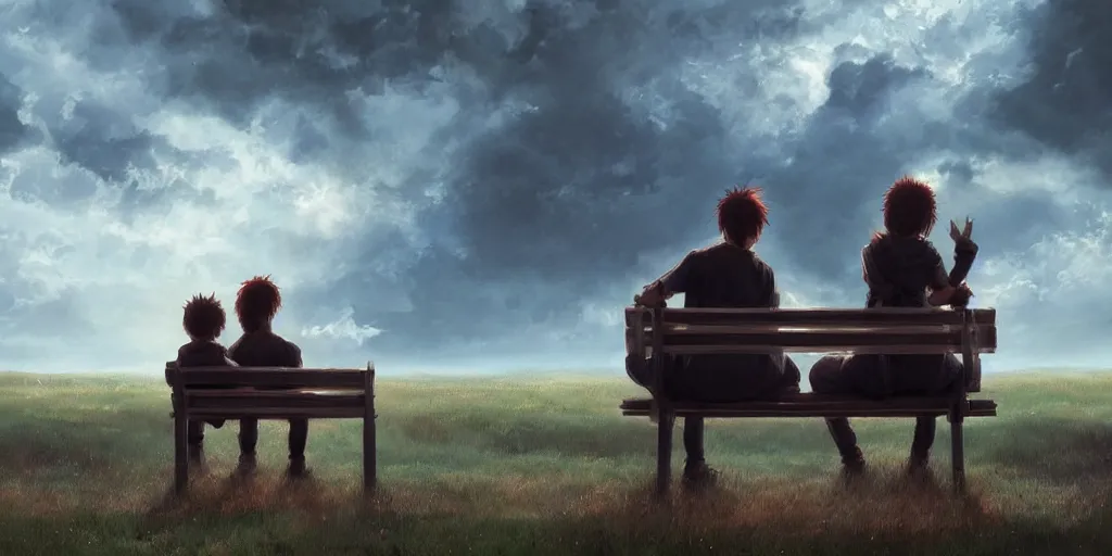 Image similar to a family with sorrow faces sitting on a bench, dramatic sky, close up shot, anime art, Greg Rutkowski, dramatic lighting