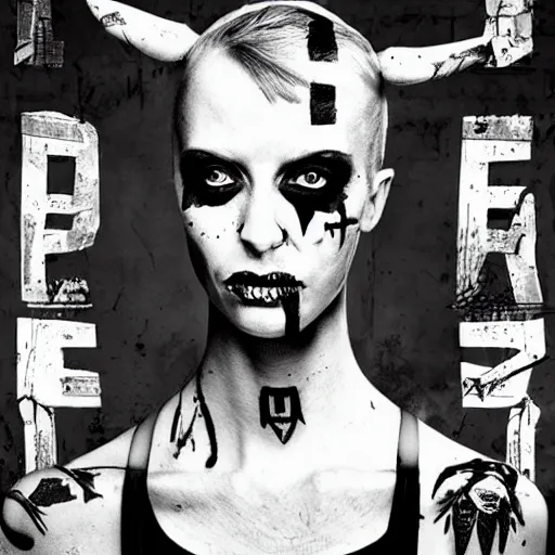 Image similar to die antwoord chappie portrait, back and white, zef design graffiti in the background, dark lighting, freaky, digital art