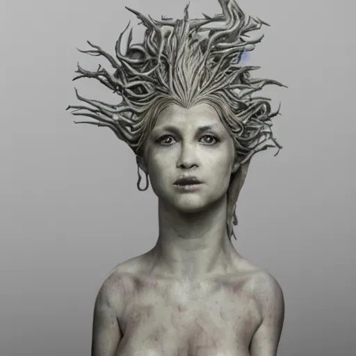Image similar to photo taken of an epic intricate, ultra detailed, super realistic gritty, terrifying, lifelike bust sculpture of a enchanting siren creature design created by weta workshop, zoomed in shots, photorealistic, sharp focus, white wall coloured workshop, cold colour temperture, f 0. 4, face centred