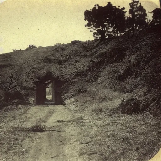 Prompt: old photo of a creepy landscape, mysterious figure in the distance