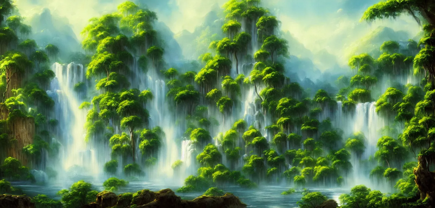 Image similar to a painting of a waterfall in the jungle, a detailed matte painting by bob ross, deviantart, fantasy art, matte painting, detailed painting, 2 d game art