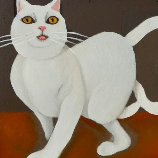 Prompt: a painting of a white cat walking towards the viewer, in the style of picasso.