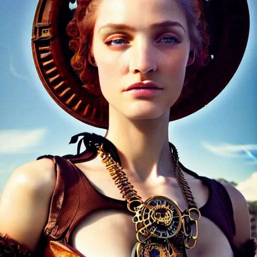 Image similar to photographic portrait of a stunningly beautiful steampunk renaissance female in strong sunshine, contemporary fashion shoot, by edward robert hughes, annie leibovitz and steve mccurry, david lazar, jimmy nelsson, breathtaking, 8 k resolution, extremely detailed, beautiful, establishing shot, artistic, hyperrealistic, beautiful face, octane render