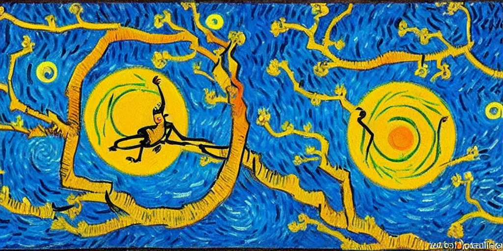 Prompt: nataraja dancing in a winter birch grove and raising snow clouds during a solar eclipse painted in the style of van gogh