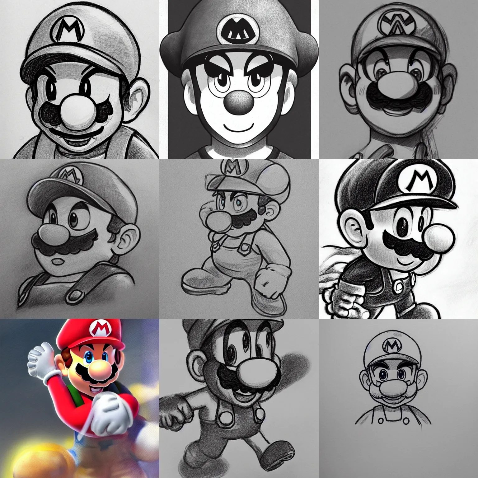 Prompt: epic pencil sketch of super mario, neutral focused gaze, striking anime artstyle with sharp shadows, concept art, trending