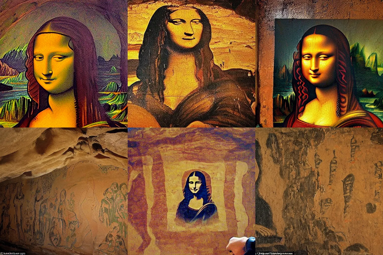 Prompt: a cave painting, ancient cave with paintings on it, one of the paintings is similar to the mona lisa