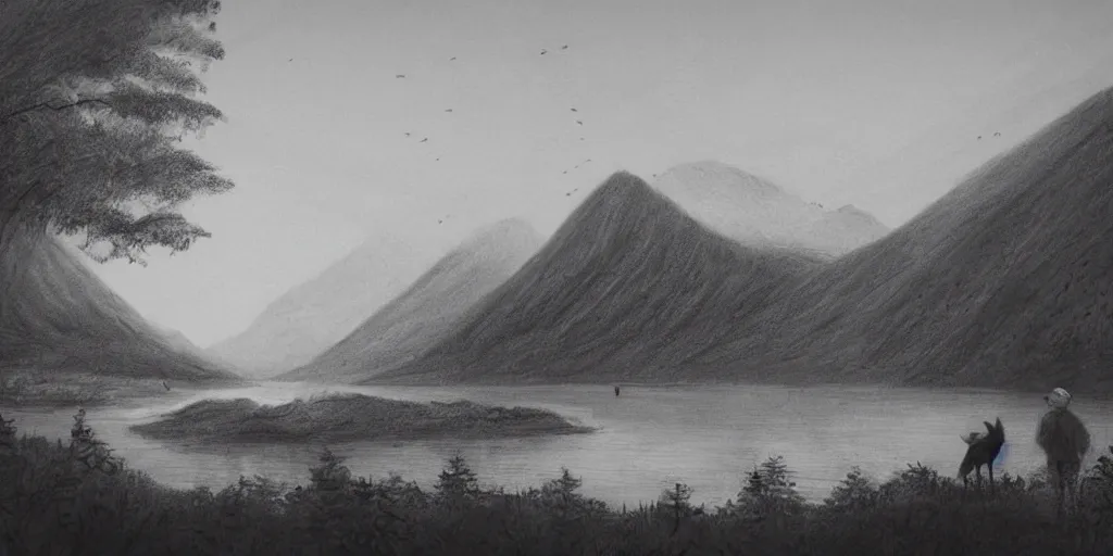 Image similar to A majestic landscape featuring a river, mountains and a forest. A group of birds is flying in the sky. There is an old man with a dog standing next to him. The man is wearing a backpack. They are both staring at the sunset. Cinematic, very beautiful, pencil drawing