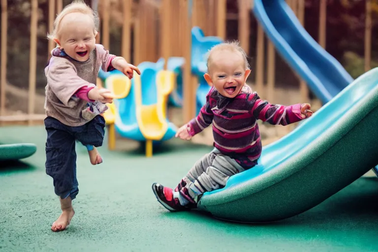 Prompt: photo of Baby Yoda going down a slide at a children’s playground, his arms are in the air and he’s smiling, shallow depth of field, Nikon 50mm f/1.8G,