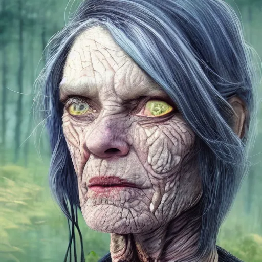 Prompt: fantasy portrait of an energetic old woman with silky, cloudy grey hair, black scars on her face, swamp vegetation in the background, nocturnal palette, art by greg rutowski, raphael lacoste, eddie mendoza, artgerm, trending on artstation