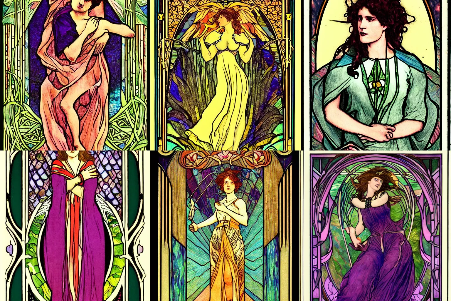 Prompt: tarot card of christine and the queens, art nouveau, by louis comfort tiffany, vaporwave