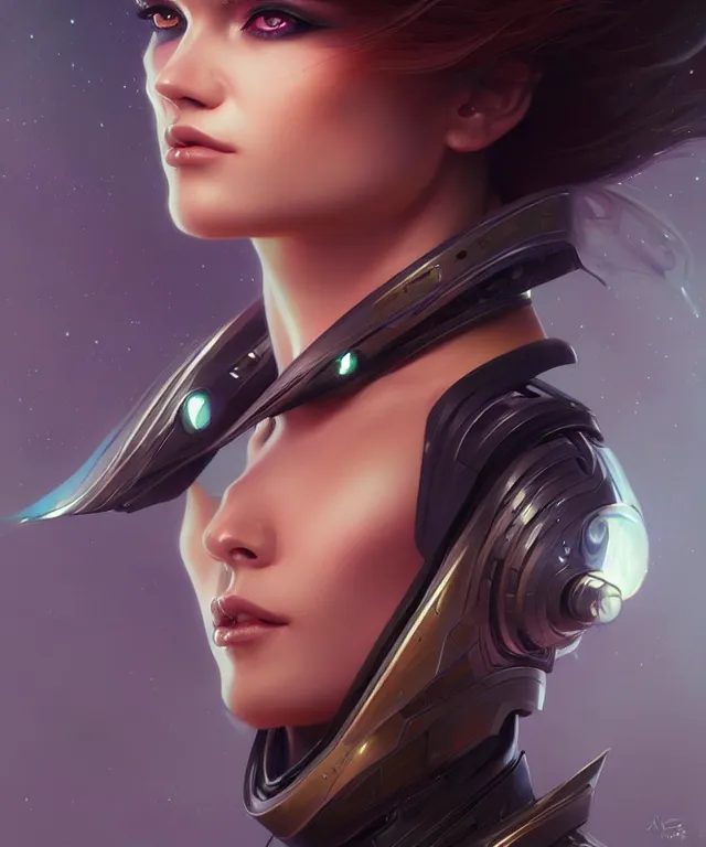 Image similar to futuristic android portrait, sci-fi, amber eyes, face, long hair, fantasy, intricate, elegant, highly detailed, digital painting, artstation, concept art, smooth, sharp focus, illustration, art by artgerm and greg rutkowski and alphonse mucha