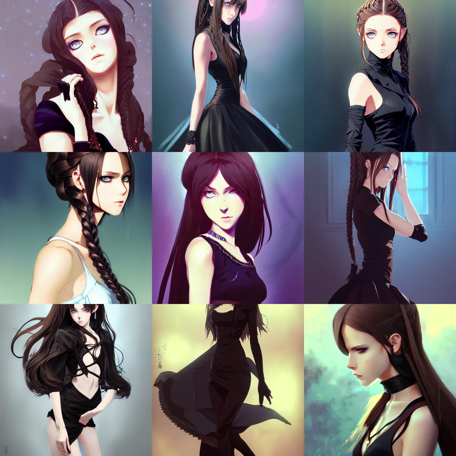 Prompt: beautiful woman with braided brown hair and blue eyes, wearing a black dress, posing seductively, black colors, highly detailed, in the style of and ilya kuvshinov and greg rutkowski, high quality anime artstyle, intricate