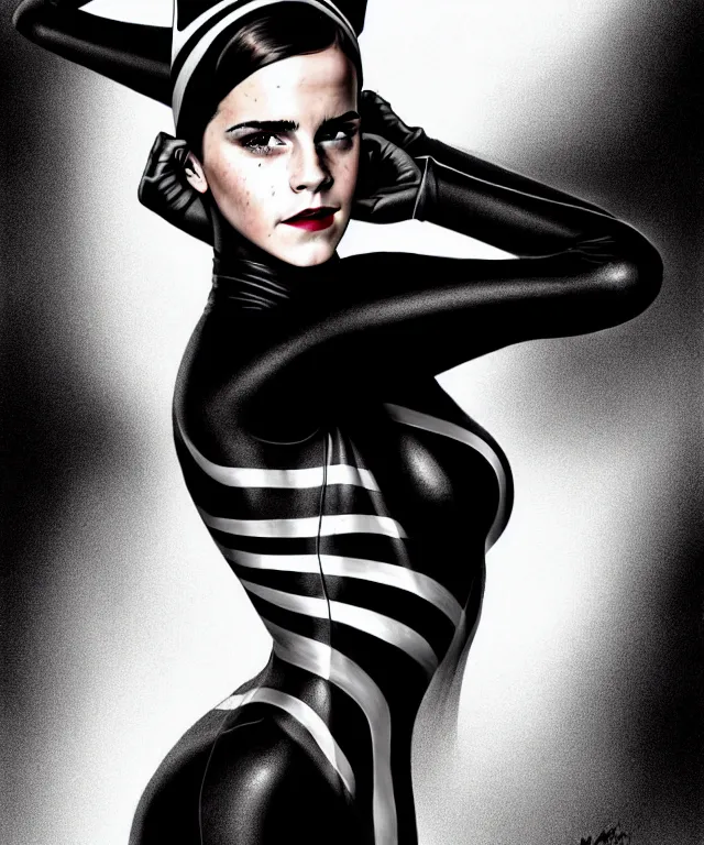 Prompt: a detailed fifty mm portrait of emma watson as a catwoman in a black adidas track suit with white stripes, headshot, highly detailed, digital painting, artstation, concept art, sharp focus, cinematic lighting, illustration, art by met mangindaan, artgerm and greg rutkowski, alphonse mucha, cgsociety