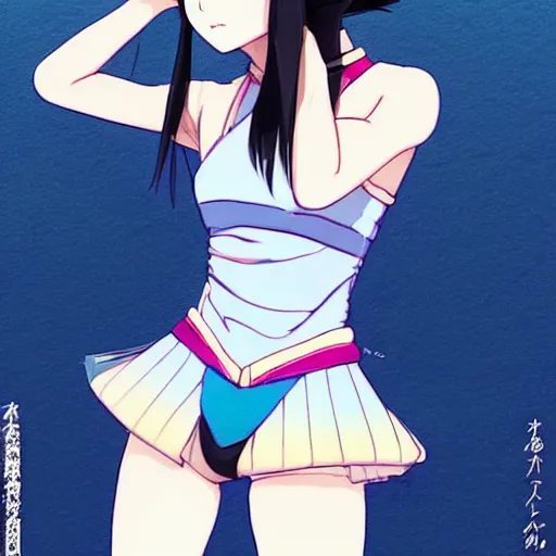 Image similar to a beautiful boyish japanese emma watson alluring instagram model, wearing elegant japanese hiphop leotard outfit with subtle mayan patterns and native fashion, aztec street fashion bathing suit, jrpg fashion, gapmoe yandere grimdark, trending on pixiv fanbox, painted by greg rutkowski makoto shinkai takashi takeuchi studio ghibli, akihiko yoshida