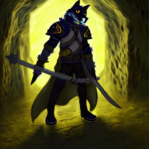 Prompt: a wolf fursona anthro thief with medieval guard armor is exploring the grimdark dungeon depths. trending on artstation and pixiv. a vibrant digital oil painting. a highly detailed fantasy character illustration by wayne reynolds and charles monet and gustave dore and carl critchlow and bram sels