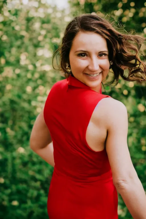 Image similar to photo portrait of a smiling pretty woman in a red sleeveless dress, out of focus, blurry