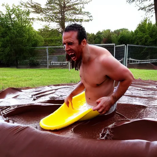 Image similar to person sliding through chocolate pudding head first, slip n slide, professional photo, funny