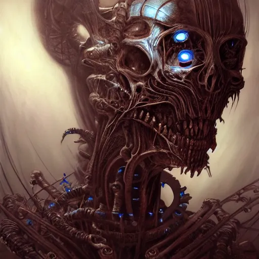 Image similar to a portrait of a beautiful biomechanical queen of necropolis, horror concept art by giger and beksinski and szukalski and wlop and pete mohrbacher, digital art, highly detailed, intricate, sci-fi, sharp focus, Trending on Artstation HQ, deviantart, unreal engine 5, 4K UHD image