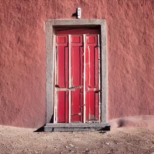 Prompt: a red door standing in the middle of nowhere, desert, unsettling, photography,