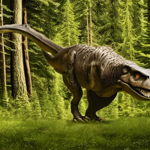 Image similar to a t rex in an canadian forest, 4 k high - resolution photograph, ultra detail, hd photo