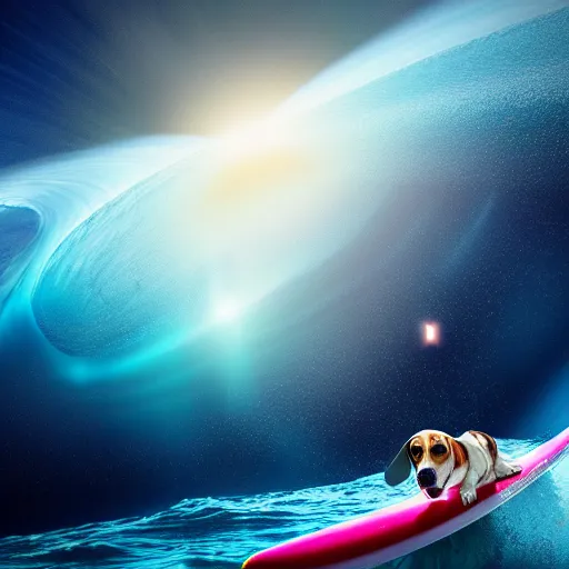 Image similar to photo of a beagle surfing a surfboard on a crashing l wave of alien ocean in space, background is an alien galaxy, aliens in the background, alien colors, octane render, unreal engine, wide view, 8 k, high detaild